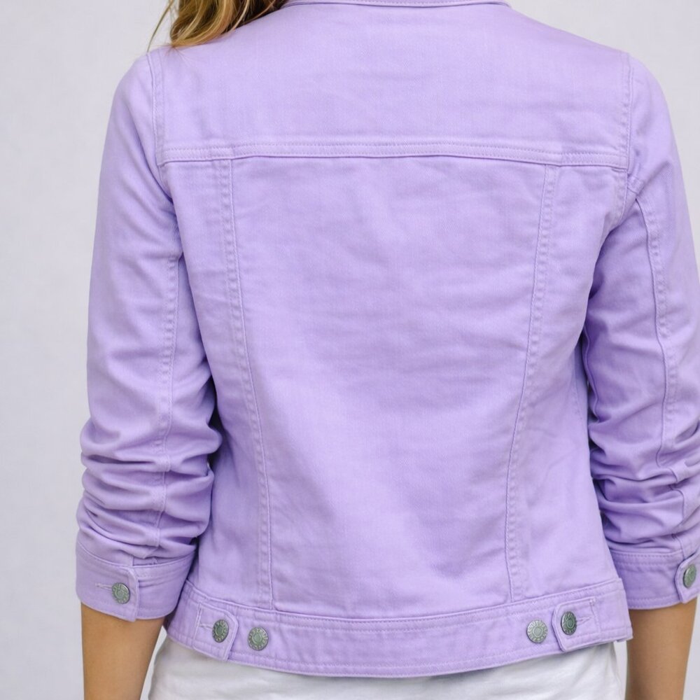 NWT - Talbots Lilac Ruffle Neck Denim Jacket MP Stretch Cotton Blend Petite - Picture 2 of 10